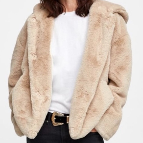 ZARA Basic Women's Hooded Teddy Faux Fur Plush Oversized Jacket - Picture 4 of 11